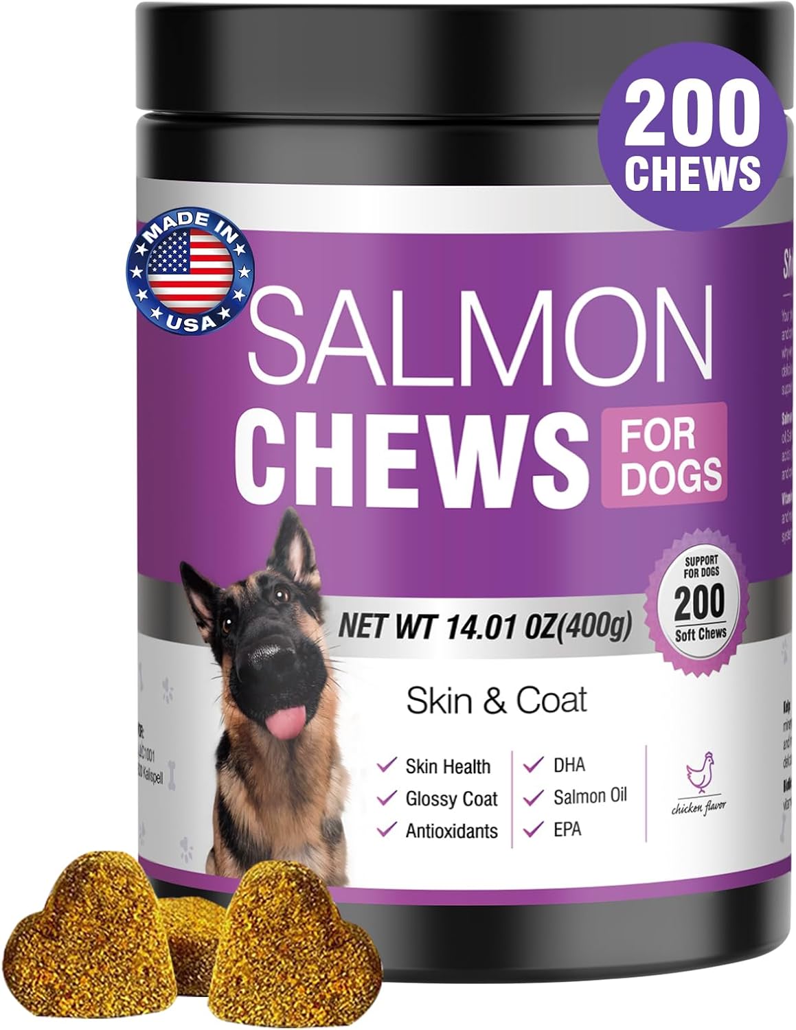 Omega 3 Skin and Coat Supplement for Dogs 200 Chews Dog Fish Oil Supplements with EPA & DHA Fatty Acids Dry Skin Relief for Dogs Shedding Allergy Itching Promotes Heart Hip Joint Health Chicken Flavor