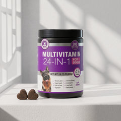 24-in-1 Multivitamin Soft Chews support 24 areas of dog wellness for all breeds, featuring Glucosamine & Chondroitin for Joint Support, Digestive Enzymes & Probiotics, Grain-Free Vitamins for Skin & Coat, and Immune Health.