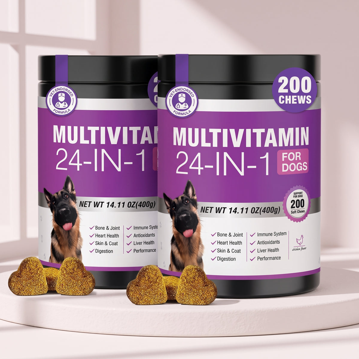 2-PackTTLXR 24-in-1 Multivitamin Soft Chews Support 24 Areas of Dog Wellness for All Breeds with Glucosamine & Chondroitin for Joints, Digestive Enzymes & Probiotics, Grain-Free Skin & Coat, and Immune Health.
